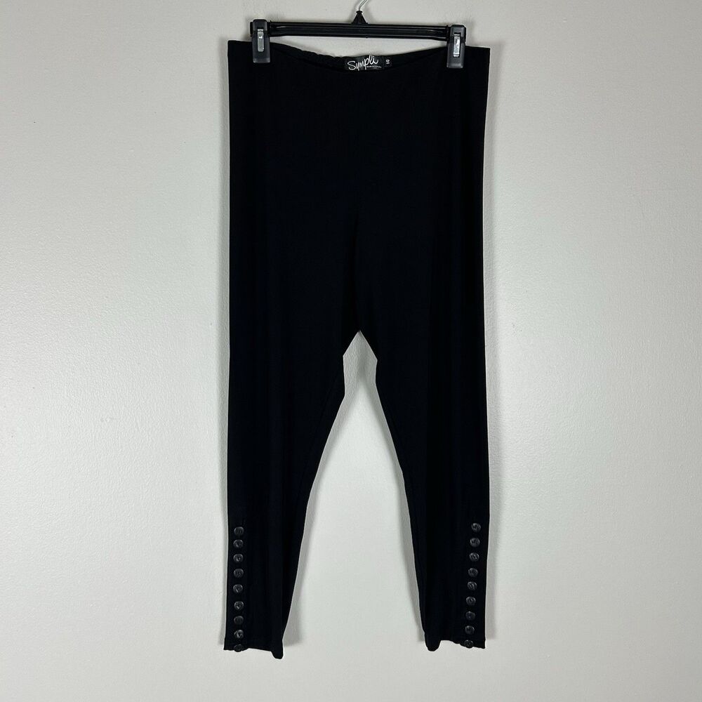 Sympli Pants Womens 10 Black Pull On Leggings Button Ankle Slim Stretch